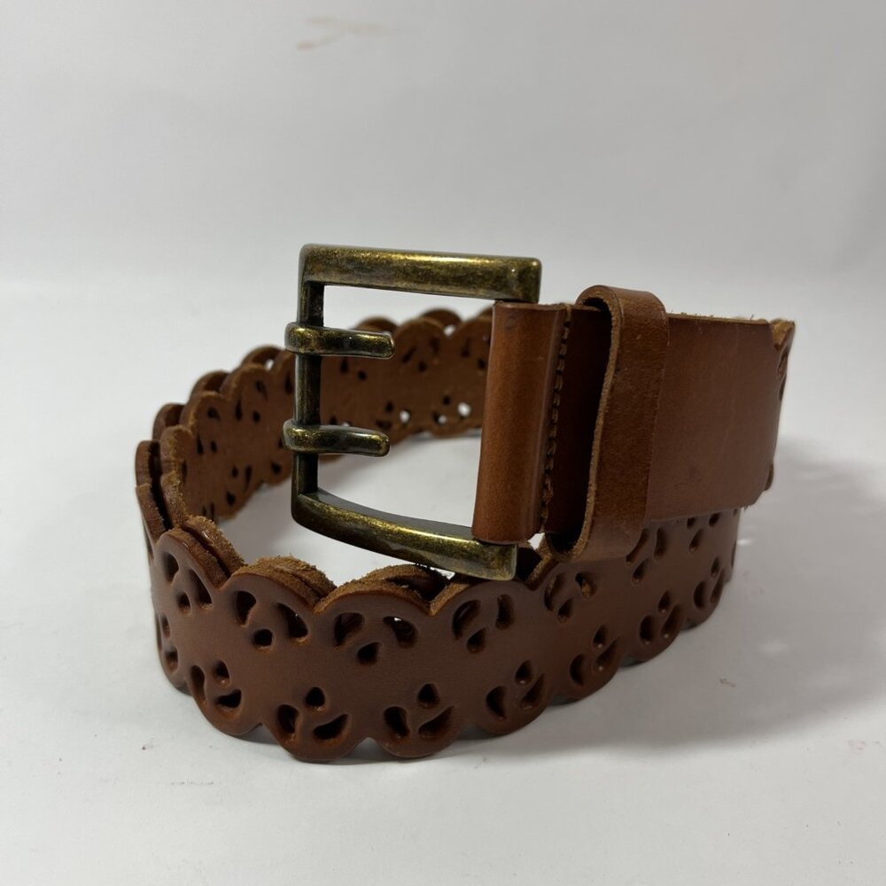Amanda Smith Brown Lace Leather Belt Women's M 31-35 RN13711 Aged Brass Buckle